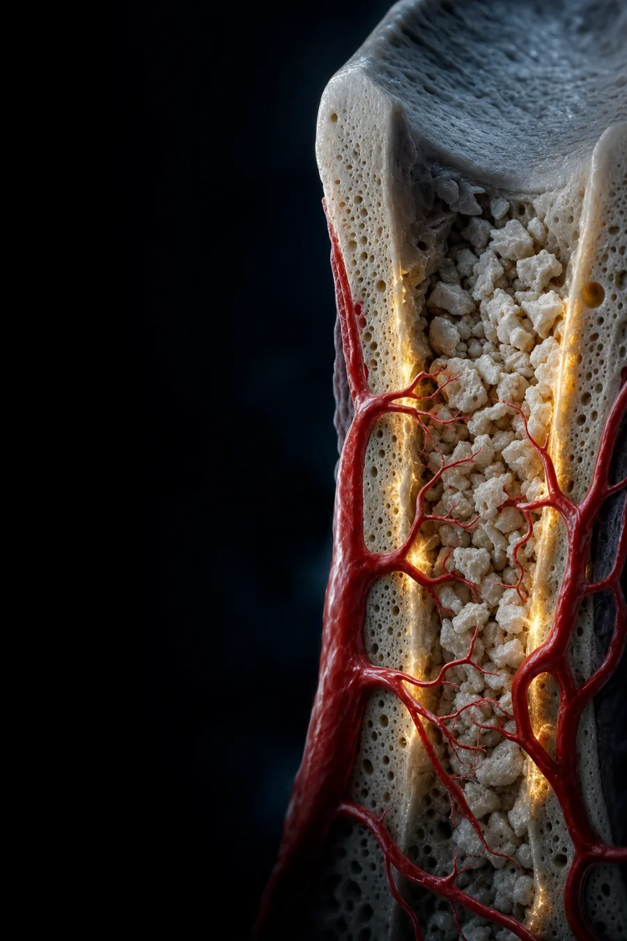 Bone graft particles in a ridge defect with blood vessels growing in from the bone walls.
