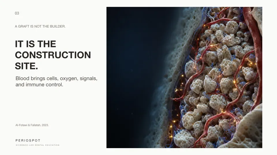 A lecture slide: a graft is not the builder, it is the construction site. Blood brings cells, oxygen, signals and immune control.